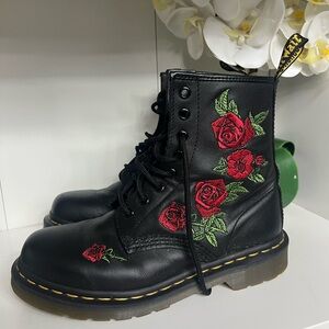 Dr. Martens Black Boots with Red Floral Embroidery